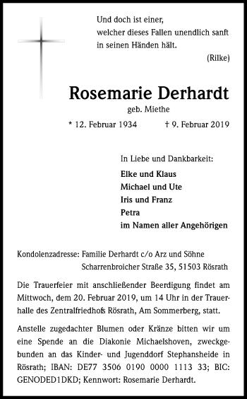 Anzeige von Rosemarie Derhardt von Kölner Stadt-Anzeiger / Kölnische Rundschau / Express