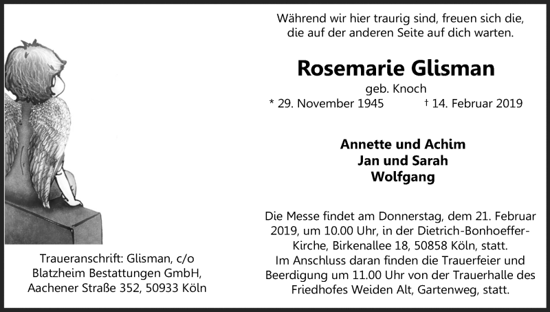  Traueranzeige für Rosemarie Glisman vom 16.02.2019 aus Kölner Stadt-Anzeiger / Kölnische Rundschau / Express