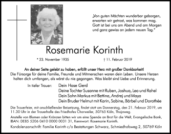 Anzeige von Rosemarie Korinth von Kölner Stadt-Anzeiger / Kölnische Rundschau / Express