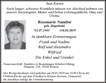 Anzeige von Rosemarie Natalini von  Sonntags-Post 