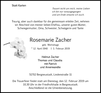 Anzeige von Rosemarie Zacher von Kölner Stadt-Anzeiger / Kölnische Rundschau / Express