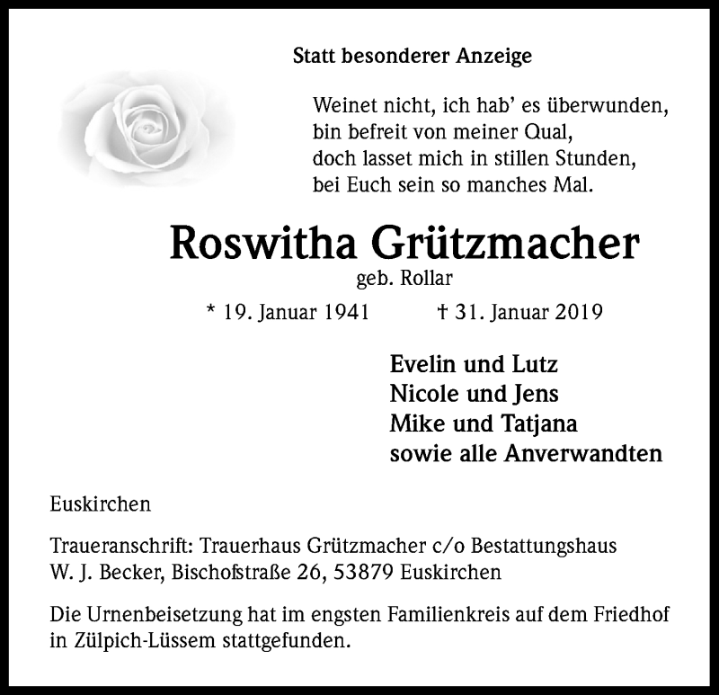  Traueranzeige für Roswitha Grützmacher vom 16.02.2019 aus Kölner Stadt-Anzeiger / Kölnische Rundschau / Express
