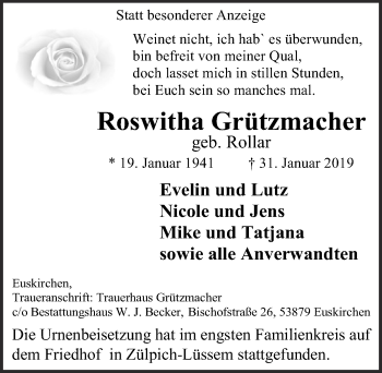Anzeige von Roswitha Grützmacher von  Blickpunkt Euskirchen 