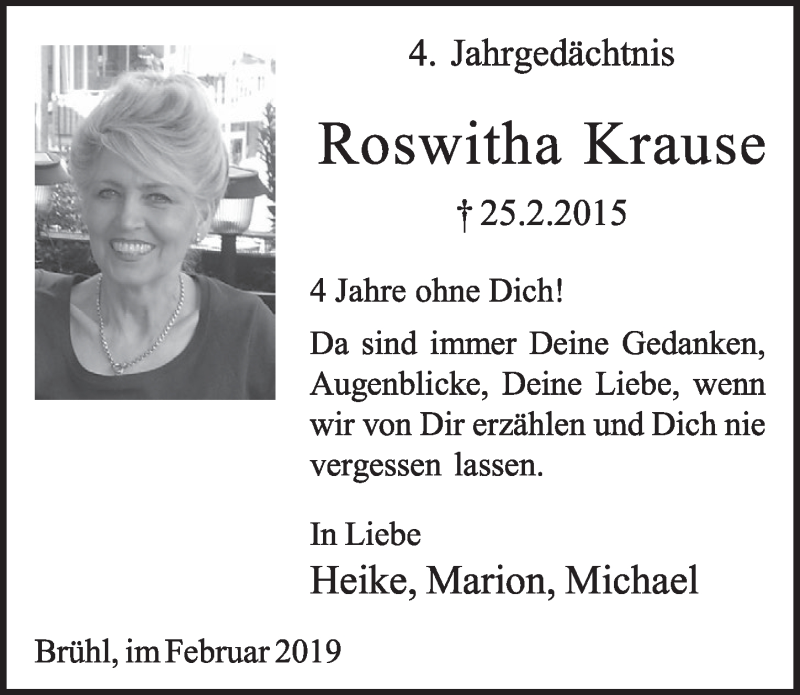  Traueranzeige für Roswitha Krause vom 20.02.2019 aus  Schlossbote/Werbekurier 