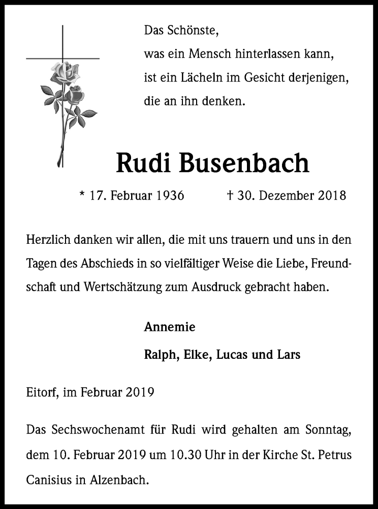  Traueranzeige für Rudi Busenbach vom 02.02.2019 aus Kölner Stadt-Anzeiger / Kölnische Rundschau / Express