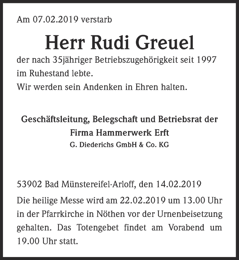  Traueranzeige für Rudi Greuel vom 16.02.2019 aus  Blickpunkt Euskirchen 