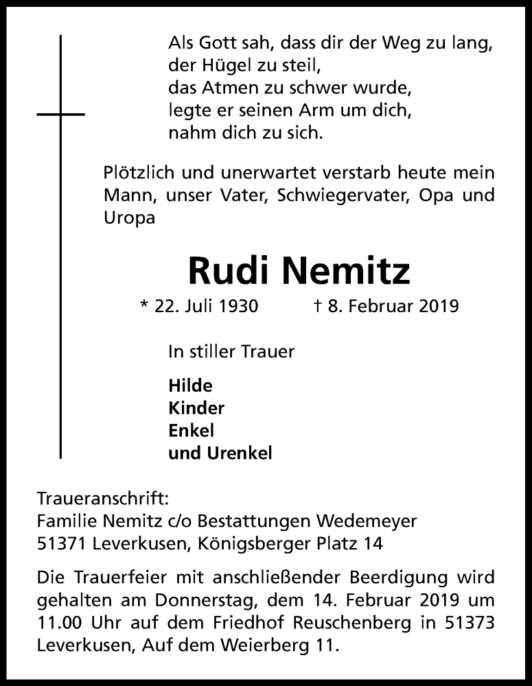  Traueranzeige für Rudi Nemitz vom 12.02.2019 aus Kölner Stadt-Anzeiger / Kölnische Rundschau / Express
