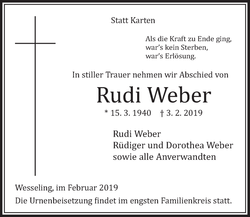  Traueranzeige für Rudi Weber vom 13.02.2019 aus  Schlossbote/Werbekurier 