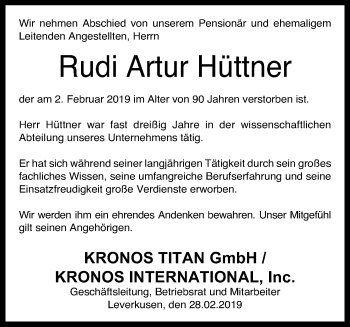Anzeige von Rudi Artur Hüttner von Kölner Stadt-Anzeiger / Kölnische Rundschau / Express