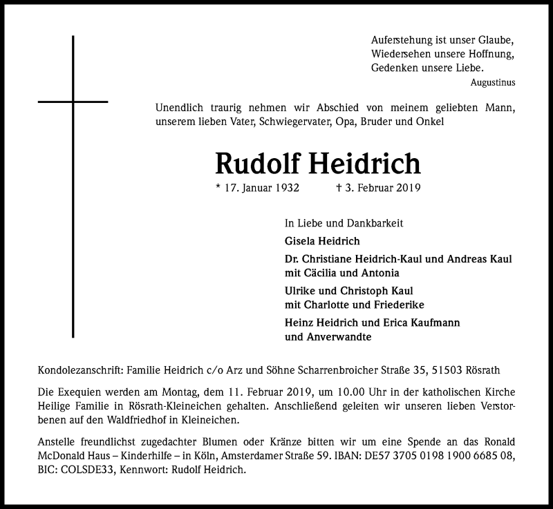  Traueranzeige für Rudolf Heidrich vom 06.02.2019 aus Kölner Stadt-Anzeiger / Kölnische Rundschau / Express