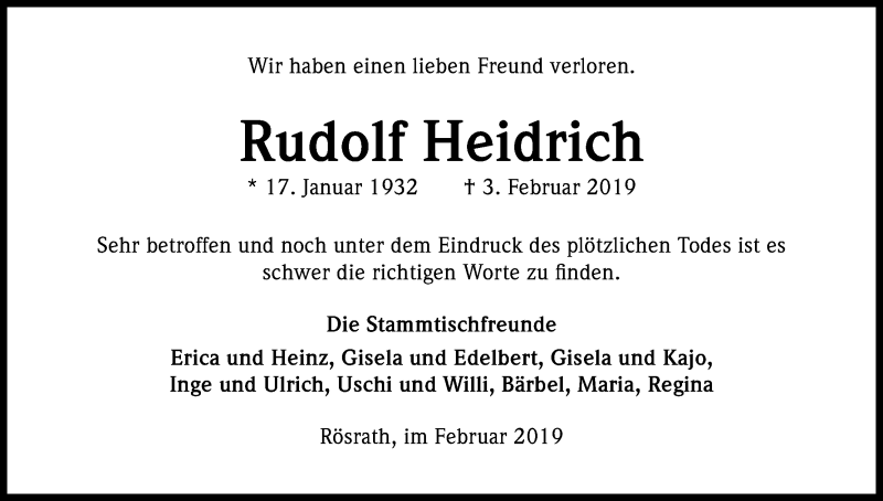  Traueranzeige für Rudolf Heidrich vom 06.02.2019 aus Kölner Stadt-Anzeiger / Kölnische Rundschau / Express