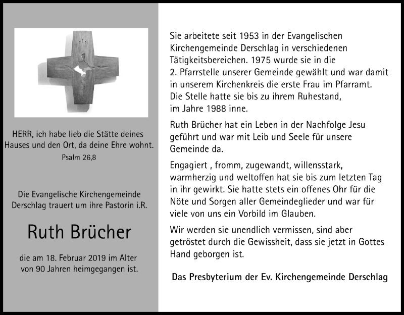  Traueranzeige für Ruth Brücher vom 21.02.2019 aus Kölner Stadt-Anzeiger / Kölnische Rundschau / Express