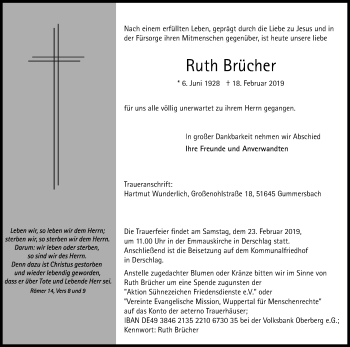 Anzeige von Ruth Brücher von Kölner Stadt-Anzeiger / Kölnische Rundschau / Express