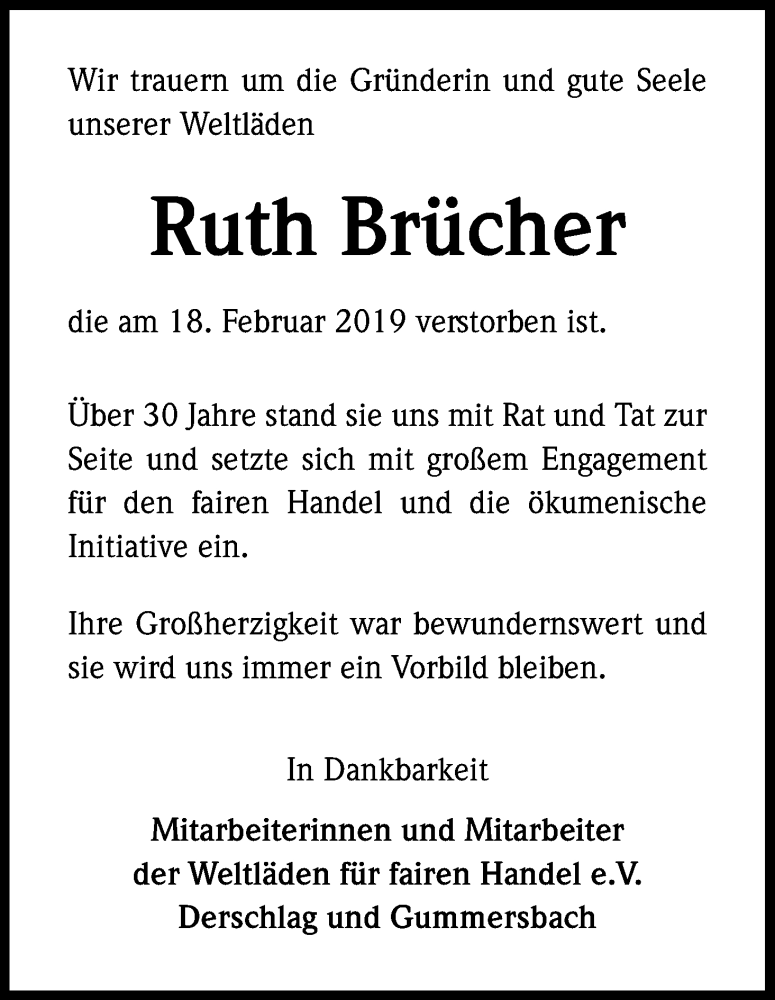  Traueranzeige für Ruth Brücher vom 23.02.2019 aus Kölner Stadt-Anzeiger / Kölnische Rundschau / Express