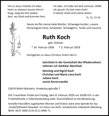 Anzeige von Ruth Koch von Kölner Stadt-Anzeiger / Kölnische Rundschau / Express
