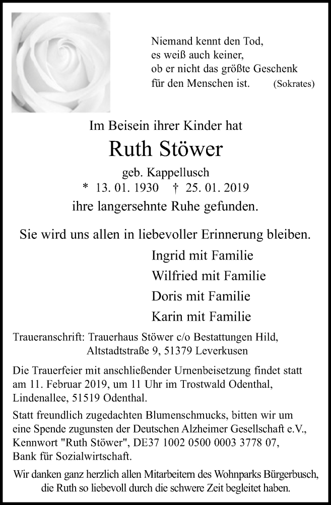  Traueranzeige für Ruth Stöwer vom 02.02.2019 aus  Leverkusener Wochenende 