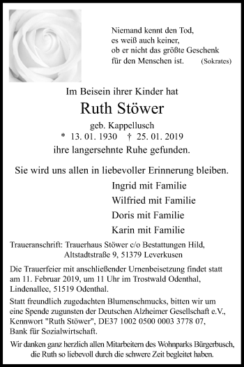Anzeige von Ruth Stöwer von Kölner Stadt-Anzeiger / Kölnische Rundschau / Express