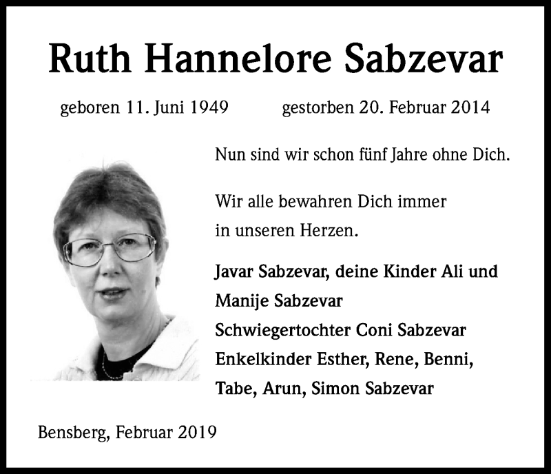  Traueranzeige für Ruth Hannelore Sabzevar vom 20.02.2019 aus Kölner Stadt-Anzeiger / Kölnische Rundschau / Express
