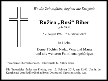 Anzeige von Ružica Biber von Kölner Stadt-Anzeiger / Kölnische Rundschau / Express