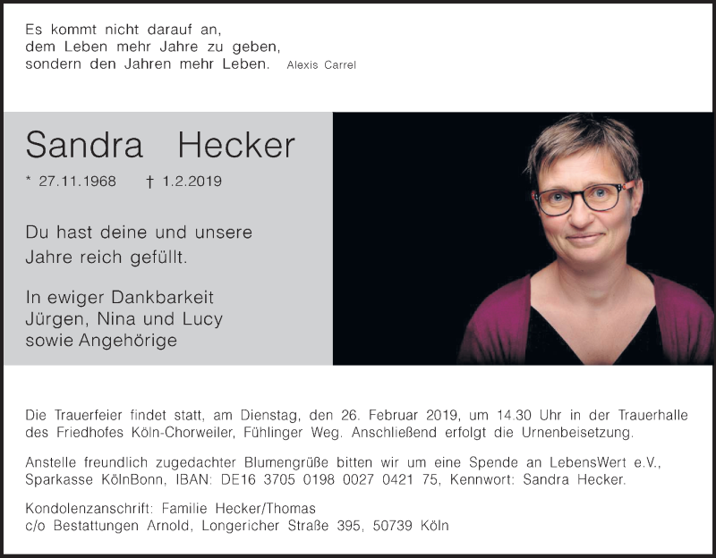  Traueranzeige für Sandra Hecker vom 16.02.2019 aus Kölner Stadt-Anzeiger / Kölnische Rundschau / Express