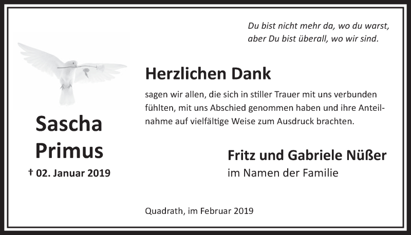  Traueranzeige für Sascha Primus vom 09.02.2019 aus  Sonntags-Post 