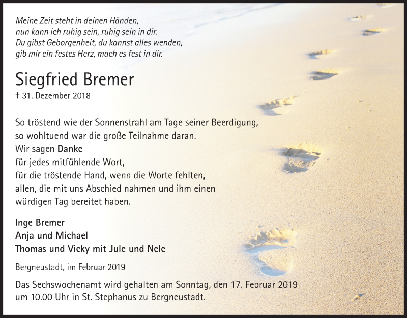  Traueranzeige für Siegfried Bremer vom 09.02.2019 aus Kölner Stadt-Anzeiger / Kölnische Rundschau / Express