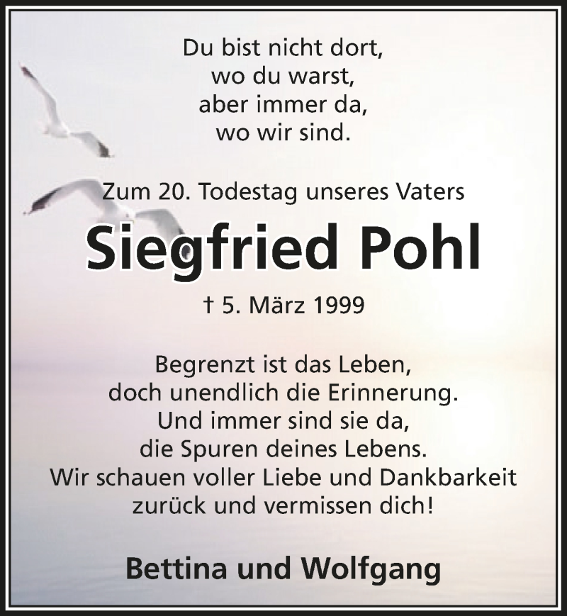  Traueranzeige für Siegfried Pohl vom 27.02.2019 aus  Extra Blatt 