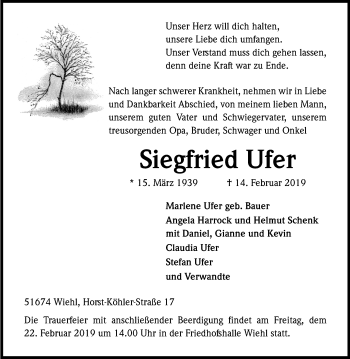 Anzeige von Siegfried Ufer von Kölner Stadt-Anzeiger / Kölnische Rundschau / Express