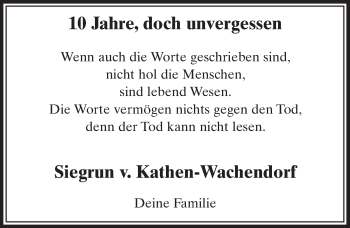 Anzeige von Siegrun v. Kathen-Wachendorf von  Schlossbote/Werbekurier 