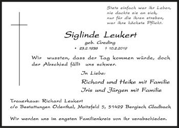 Anzeige von Siglinde Leukert von  Bergisches Handelsblatt 