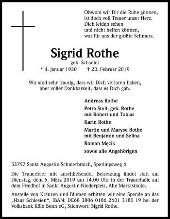 Anzeige von Sigrid Rothe von Kölner Stadt-Anzeiger / Kölnische Rundschau / Express