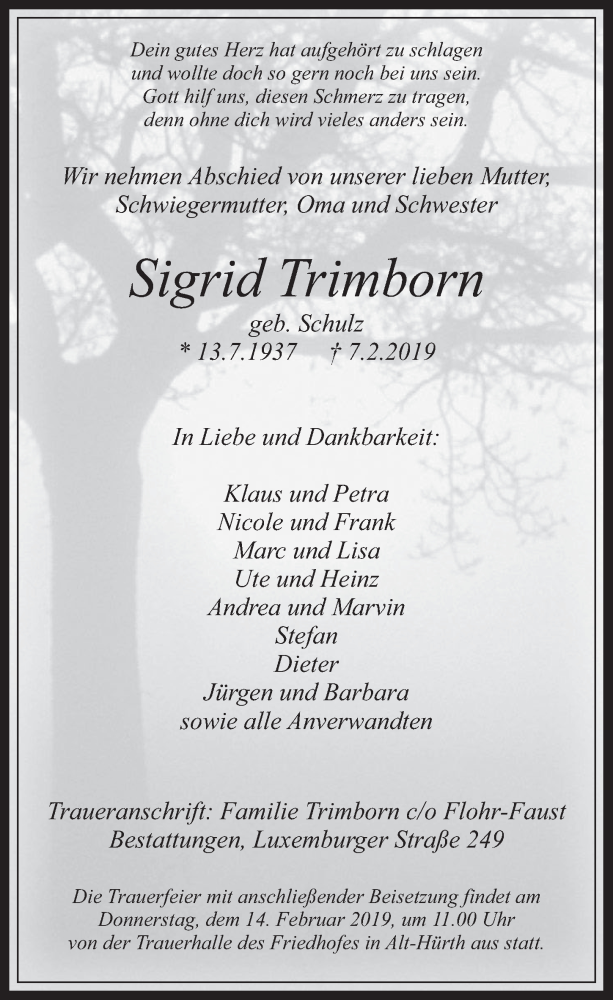  Traueranzeige für Sigrid Trimborn vom 13.02.2019 aus  Wochenende 