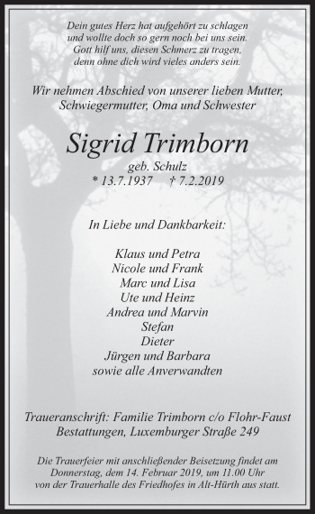 Anzeige von Sigrid Trimborn von  Wochenende 