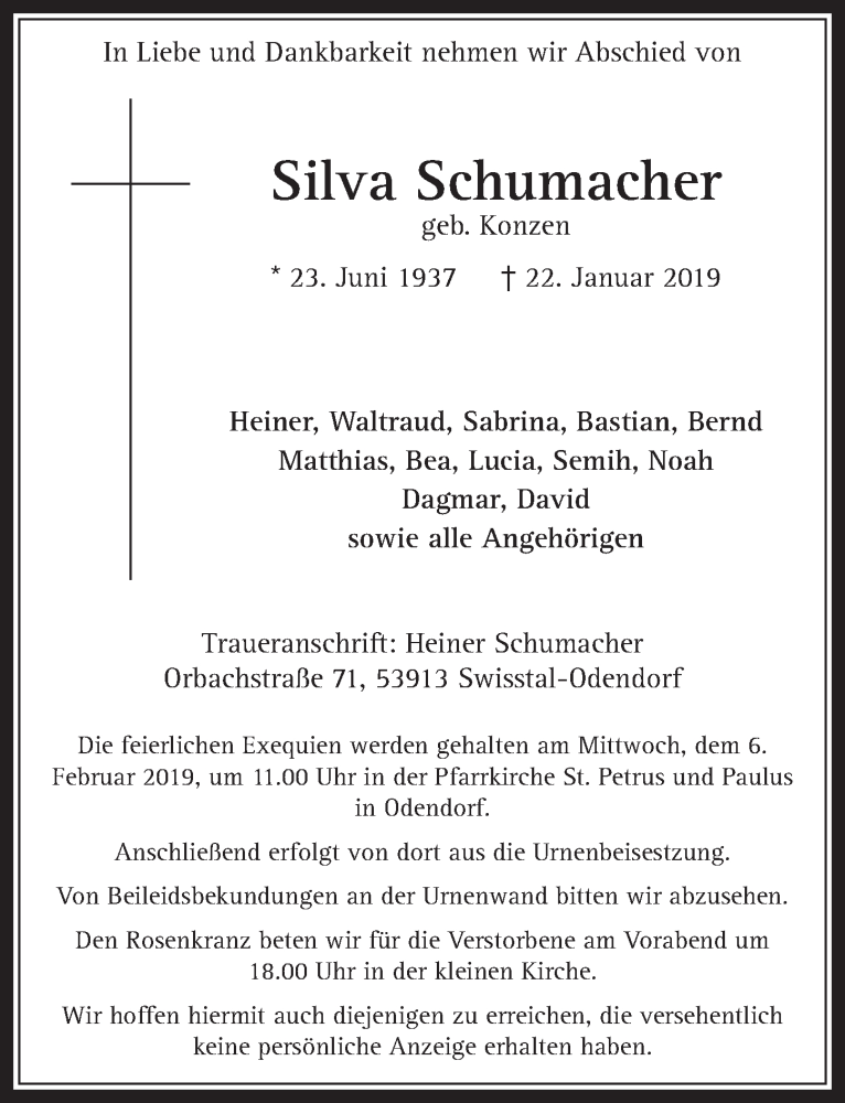  Traueranzeige für Silva Schumacher vom 02.02.2019 aus  Schaufenster/Blickpunkt am Wochenende 
