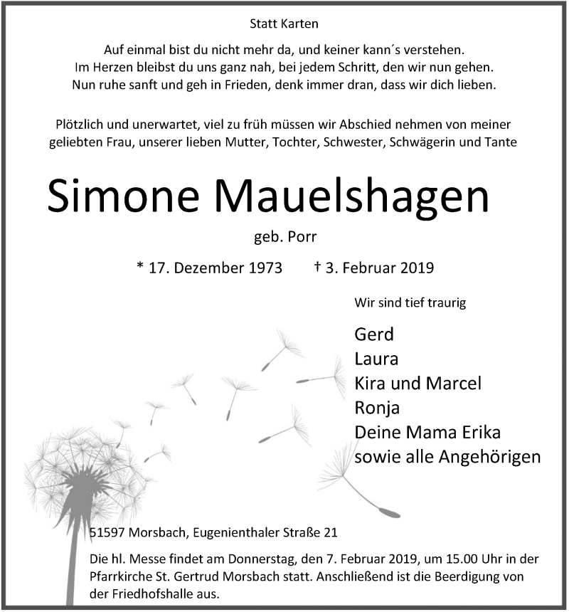  Traueranzeige für Simone Mauelshagen vom 06.02.2019 aus  Lokalanzeiger 