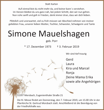 Anzeige von Simone Mauelshagen von Kölner Stadt-Anzeiger / Kölnische Rundschau / Express