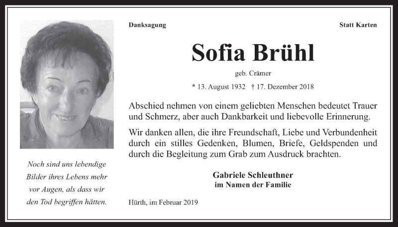 Traueranzeige für Sofia Brühl vom 20.02.2019 aus  Wochenende 