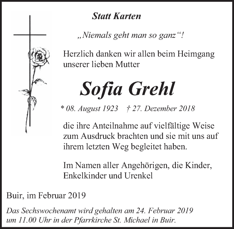  Traueranzeige für Sofia Grehl vom 20.02.2019 aus  Werbepost 