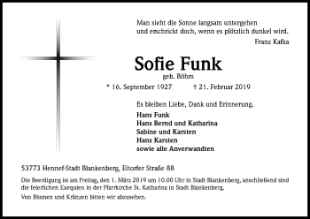 Anzeige von Sofie Funk von Kölner Stadt-Anzeiger / Kölnische Rundschau / Express