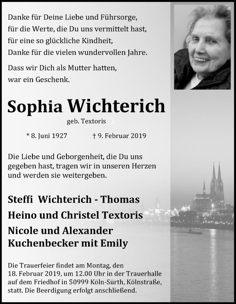  Traueranzeige für Sophia Wichterich vom 16.02.2019 aus Kölner Stadt-Anzeiger / Kölnische Rundschau / Express