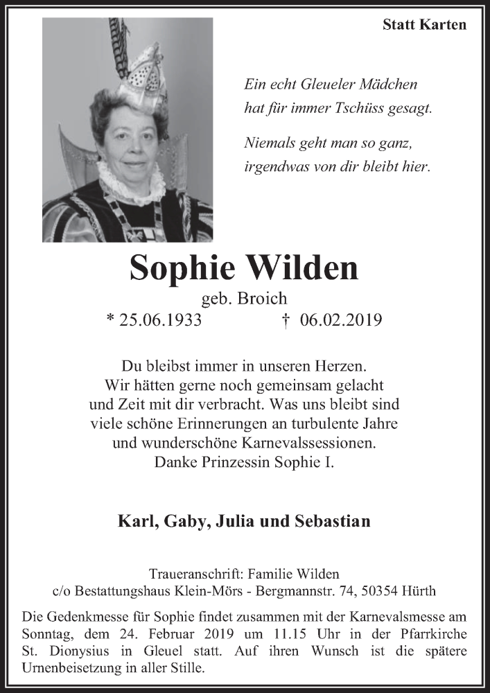  Traueranzeige für Sophie Wilden vom 20.02.2019 aus  Wochenende 