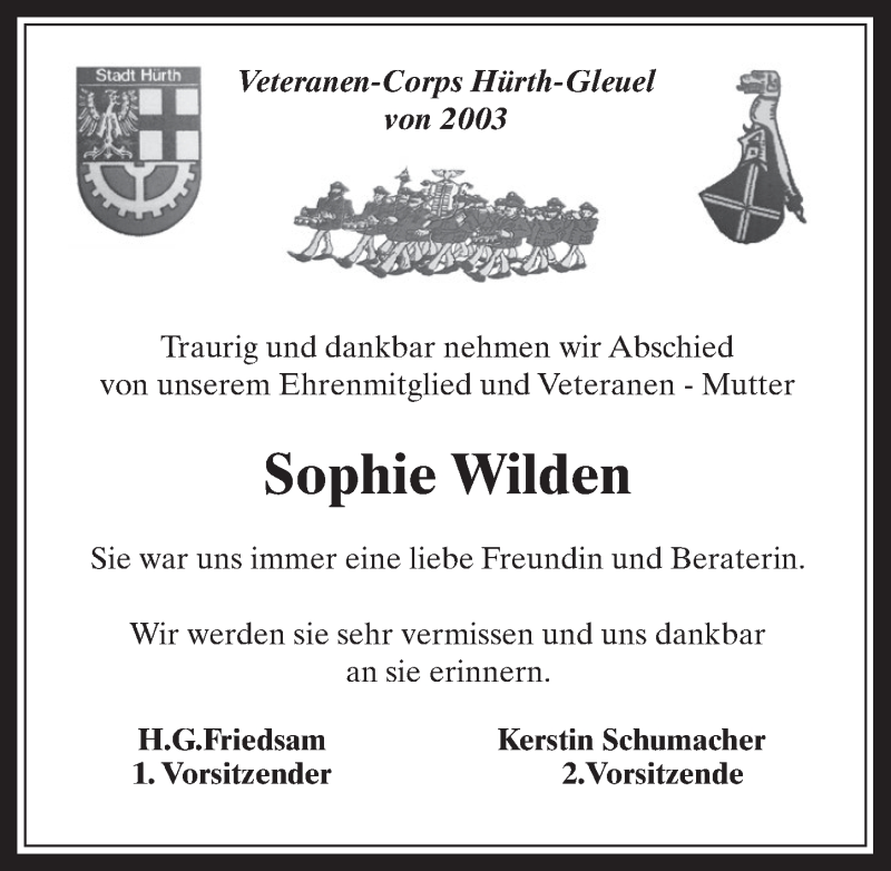  Traueranzeige für Sophie Wilden vom 20.02.2019 aus  Wochenende 