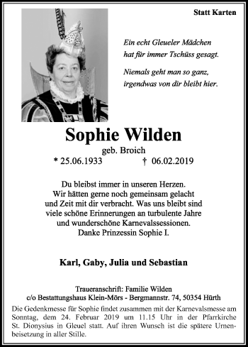 Anzeige von Sophie Wilden von Kölner Stadt-Anzeiger / Kölnische Rundschau / Express