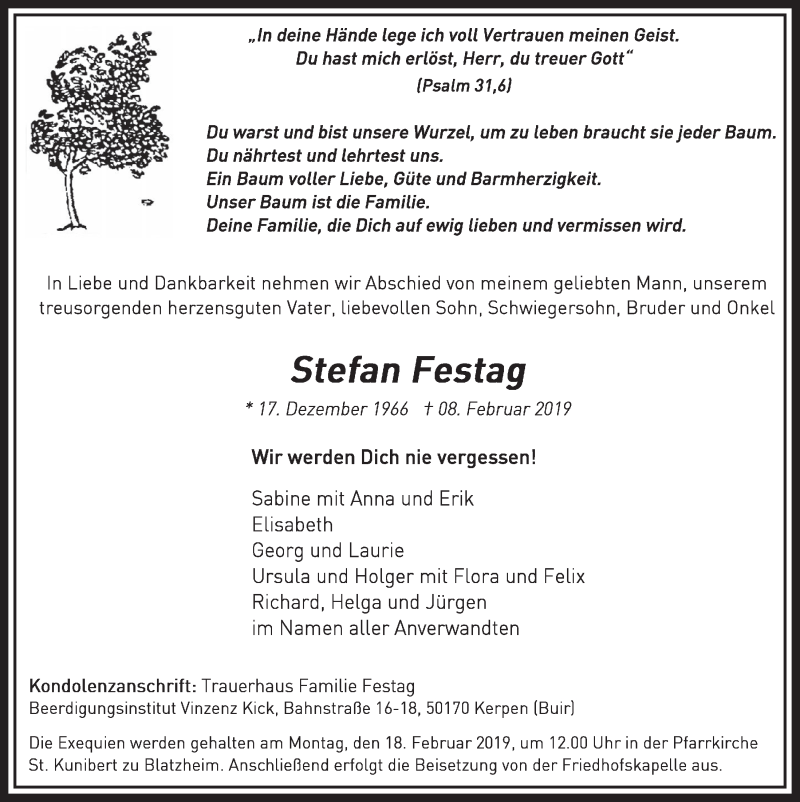  Traueranzeige für Stefan Festag vom 16.02.2019 aus  Sonntags-Post 