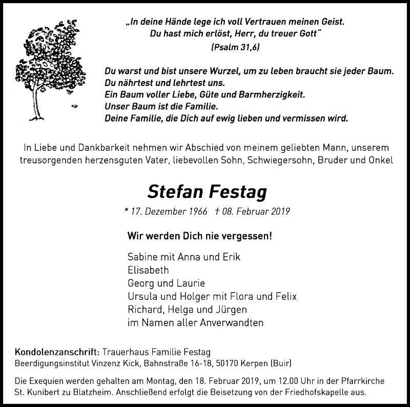 Traueranzeige für Stefan Festag vom 15.02.2019 aus Kölner Stadt-Anzeiger / Kölnische Rundschau / Express