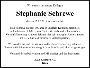 Anzeige von Stephanie Schrewe von Kölner Stadt-Anzeiger / Kölnische Rundschau / Express