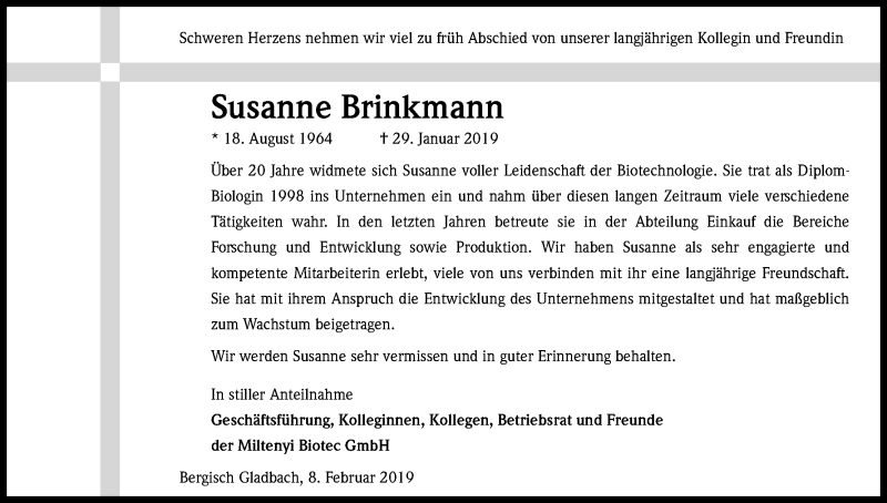  Traueranzeige für Susanne Brinkmann vom 08.02.2019 aus Kölner Stadt-Anzeiger / Kölnische Rundschau / Express