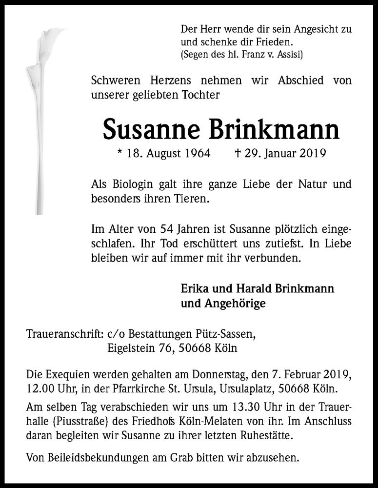  Traueranzeige für Susanne Brinkmann vom 02.02.2019 aus Kölner Stadt-Anzeiger / Kölnische Rundschau / Express