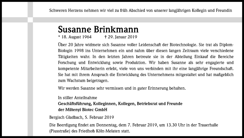  Traueranzeige für Susanne Brinkmann vom 07.02.2019 aus Kölner Stadt-Anzeiger / Kölnische Rundschau / Express