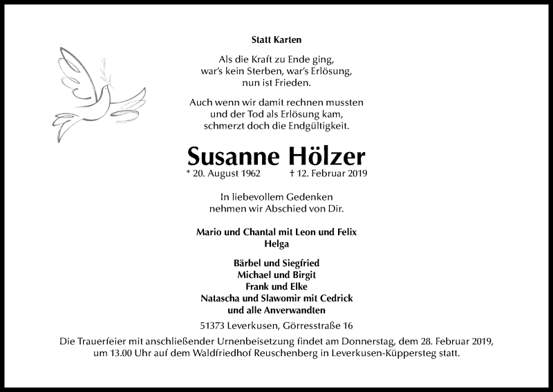  Traueranzeige für Susanne Hölzer vom 23.02.2019 aus Kölner Stadt-Anzeiger / Kölnische Rundschau / Express